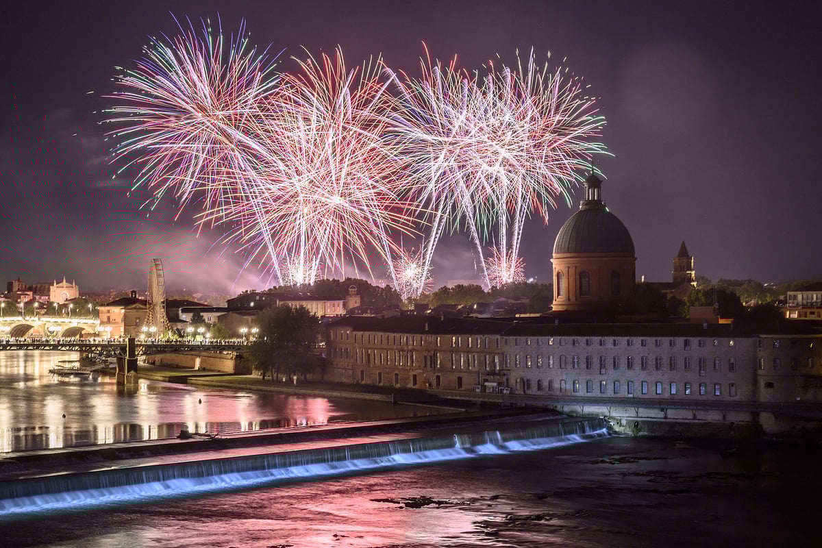Fireworks explode over the Garonne river, as part of the annual Bastille Day celebrations in Toulouse, southwestern France. Swooping warplanes, axe-carrying warriors, a drone light show over the Eiffel Tower and fireworks in nearly every French town — it must be Bastille Day.
