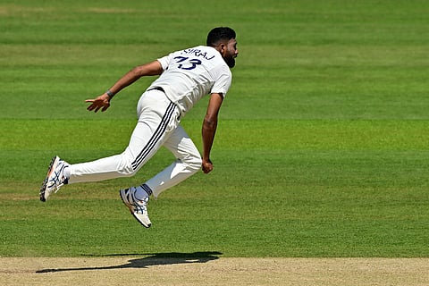 India's Mohammed Siraj bowls on the fourth day of the third cricket Test match between England and India at Lord's cricket ground in London.
