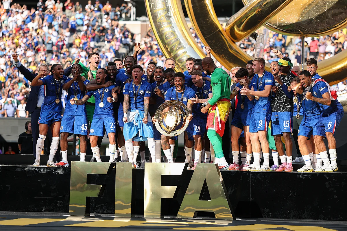 Reece James of Chelsea FC celebrates with the Fifa Club World Cup trophy after their team's victory following the FIFA Club World Cup 2025 Final match between Chelsea FC and Paris Saint-Germain at MetLife Stadium on July 13, 2025 in East Rutherford, New Jersey.