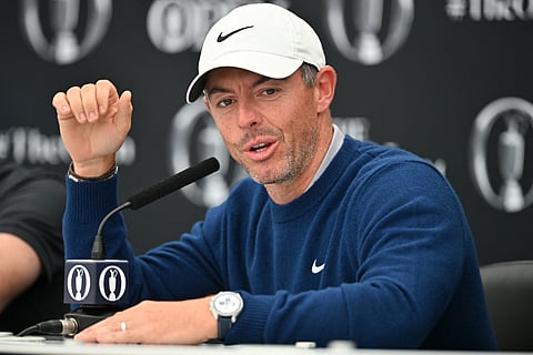 Northern Ireland's Rory McIlroy attends a press conference ahead of the 153rd Open Championship at Royal Portrush golf club in Northern Ireland on July 14, 2025.