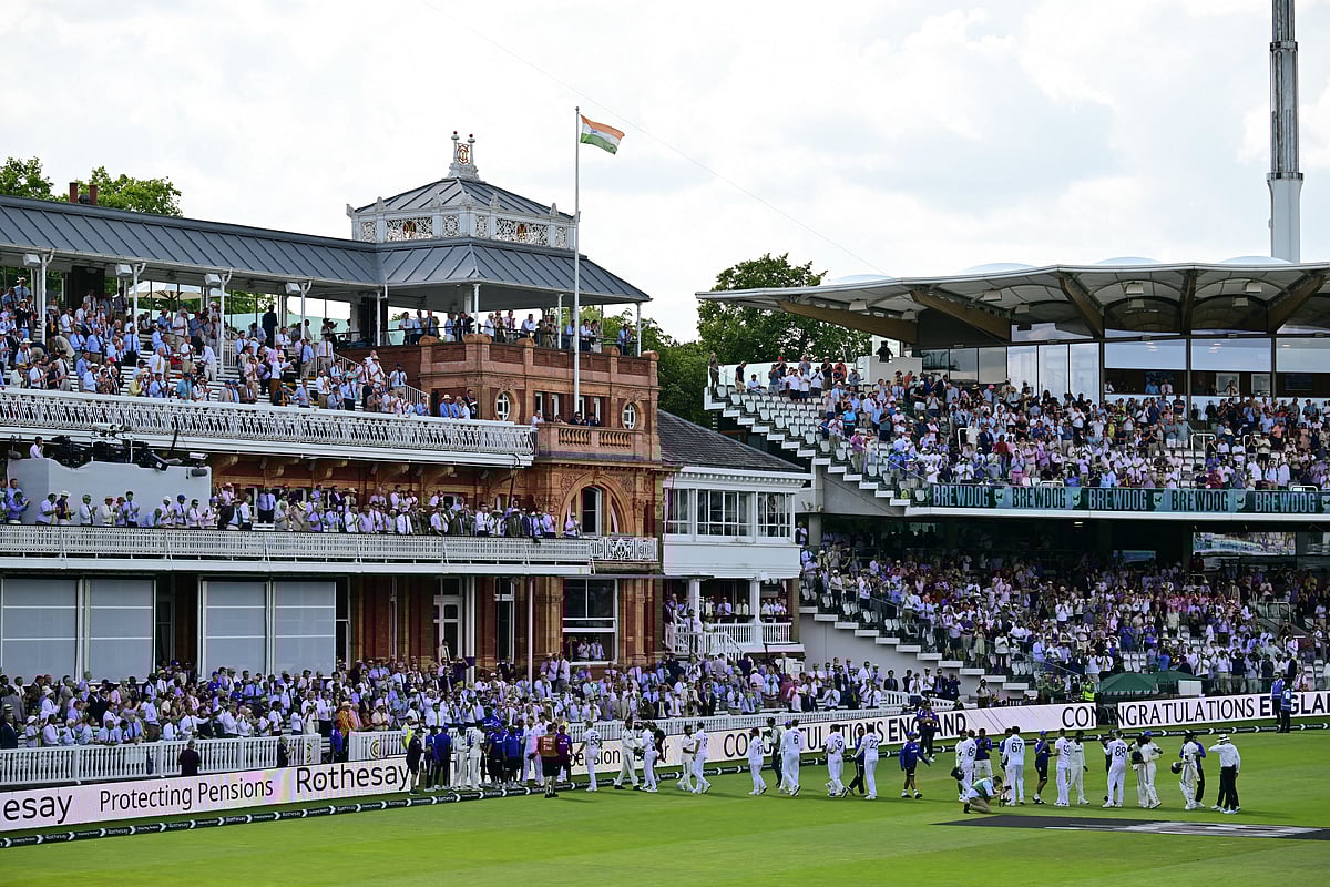 Players walk back to the pavilion after England win the test match on the fifth day of the third cricket test match between England and India at Lord's cricket ground in London, on July 14, 2025.