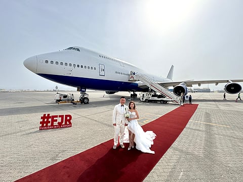 Sam Chui and Fiona Pang had their dream wedding ceremony aboard a Boeing 747-400 flight from Fujairah International Airport on Saturday. 