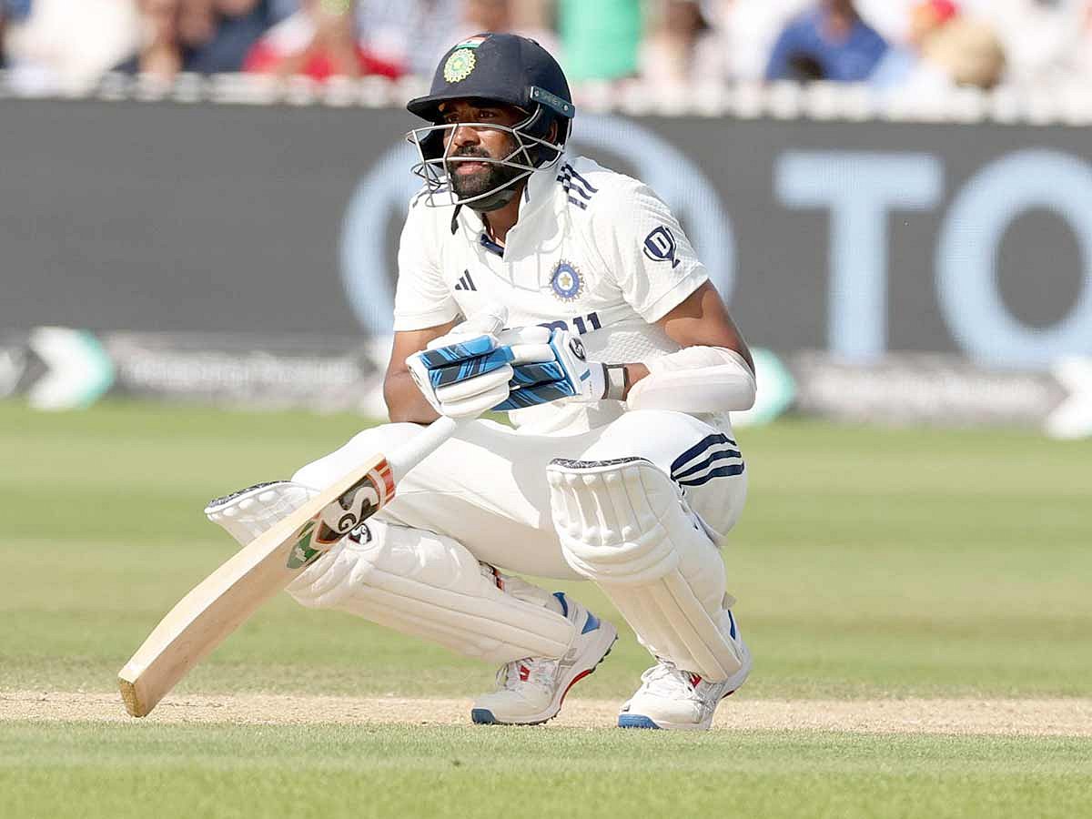 India's Mohammed Siraj reacts after loosing his wicket during the fifth day of the third Test against England at Lord's cricket ground in London, on Monday, July 14, 2025. 
