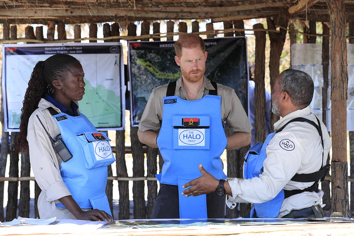 In a handout picture released by the Halo Trust charity, Britain's Prince Harry, Duke of Sussex takes part in a mine awareness safety class in Cuito Cuanavale, Cuando province, southern Angola, on July 16, 2025.