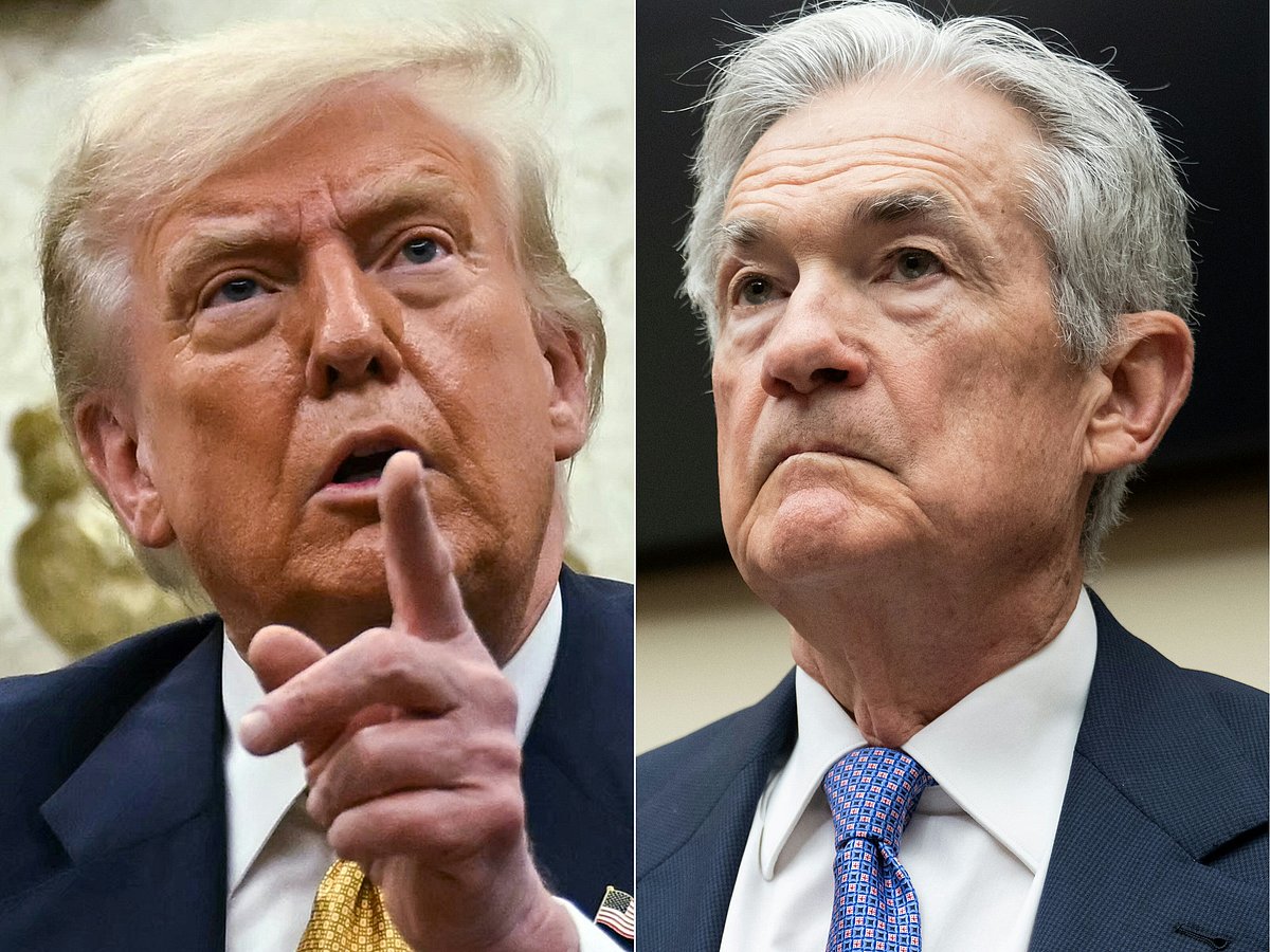 This combination of pictures created on July 16, 2025 shows, L/R, US President Donald Trump in the Oval Office of the White House in Washington, DC, on July 16, 2025 and US Federal Reserve Chair Jerome Powell on Capitol Hill in Washington, DC on June 24, 2025.