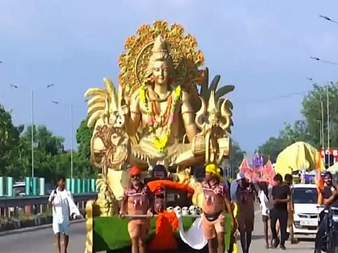 Crafted meticulously in Sonipat, the elaborate Kanwad contains around 40 litres of sacred Gangajal and is part of their 250-kilometre spiritual journey.
