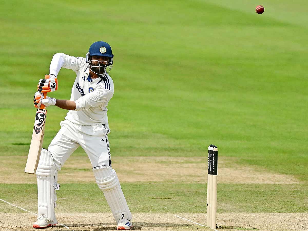 
India's Ravindra Jadeja plays a shot during the fifth day of the third Test match against England at Lord's cricket ground in London, on Monday, July 14, 2025. 
