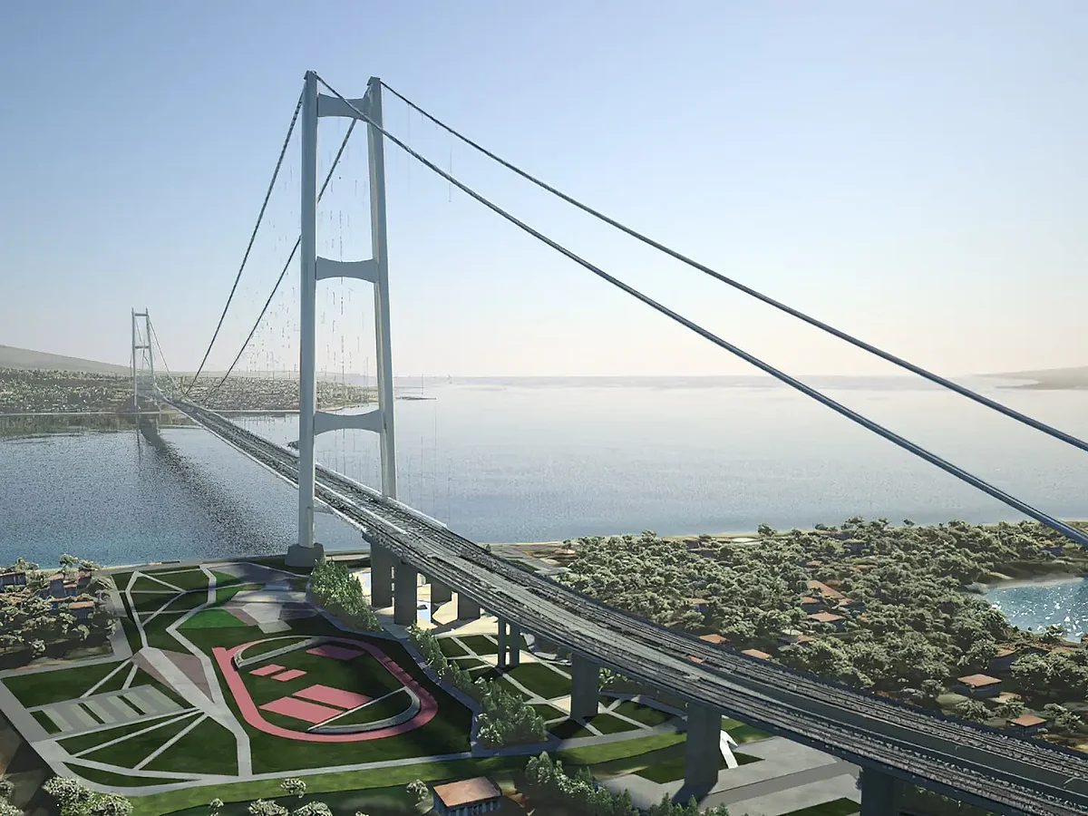 An artist's illustration of the proposed Strait of Messina bridge in Italy, which is set to break engineering records. Stretto di Messina spa was reconstituted in 2024 by the Italian Council of Ministers and approved the update of the final project of the bridge over the Strait of Messina, between Sicily and Calabria, in Southern Italy. 
