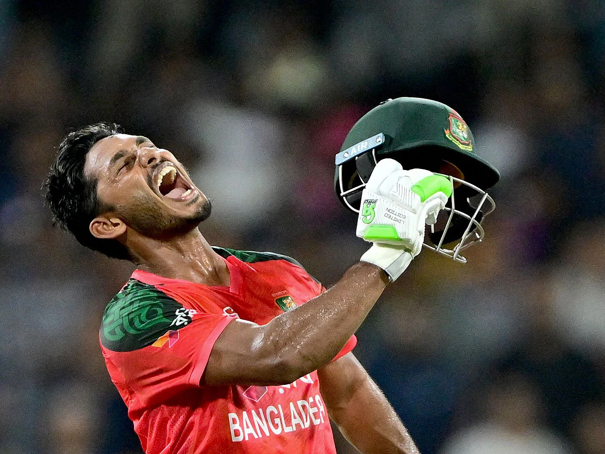 Bangladesh's Tanzid Hasan celebrates after guiding Bangladesh to eight-wicket win in the third and final T20 in Colombo on Wednesday.