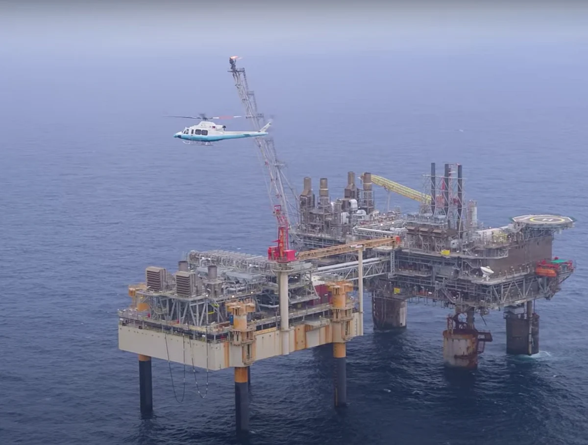 A presidential fly-by on the existing Malampaya oil and gas platform. New wells are being drilled under Service Contract 38 (SC 38). 