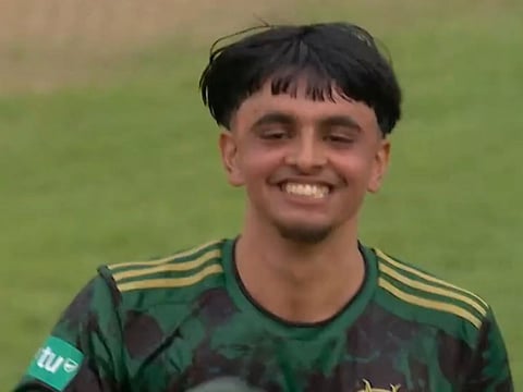 The 17-year-old Farhan Ahmed celebrates after claiming a hat-trick in Vitality Blast Twenty20 league in England.