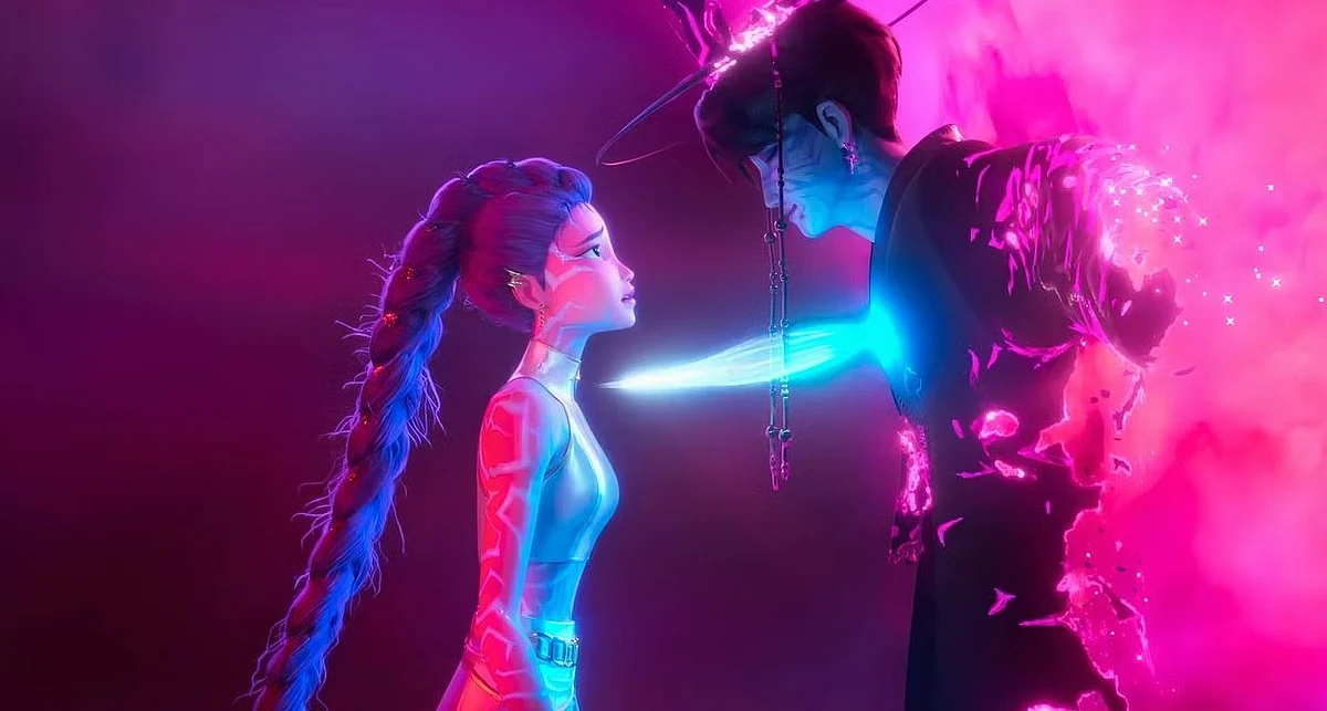 The two central characters in the film: Jinu and Rumi in the climax of the film. 