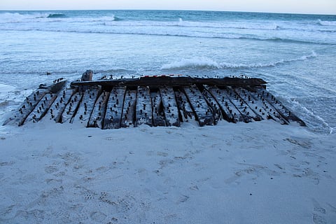 In this image provided by Wessex Archaeology, the Sanday Wreck is seen on the shores of Sanday on Orkney, February 2024. 