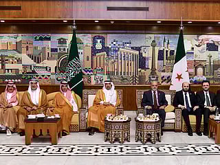 Saudi Arabia's Investment Minister Khalid bin Abdulaziz Al Falih and his delegation being received at Damascus International Airport on July 23, 2025. 