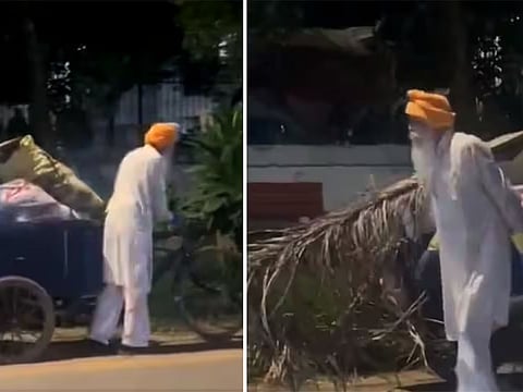 "I like a clean place, so I try to clean," says Sidhu, sweeping a parking area near a busy market. 