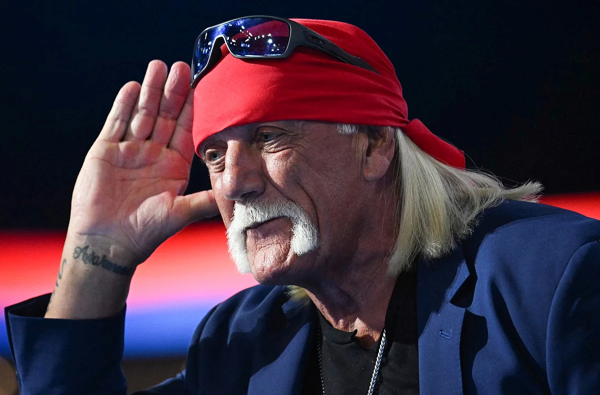 US pro-wrestler Hulk Hogan speaks during the last day of the 2024 Republican National Convention at the Fiserv Forum in Milwaukee, Wisconsin, on July 18, 2024.