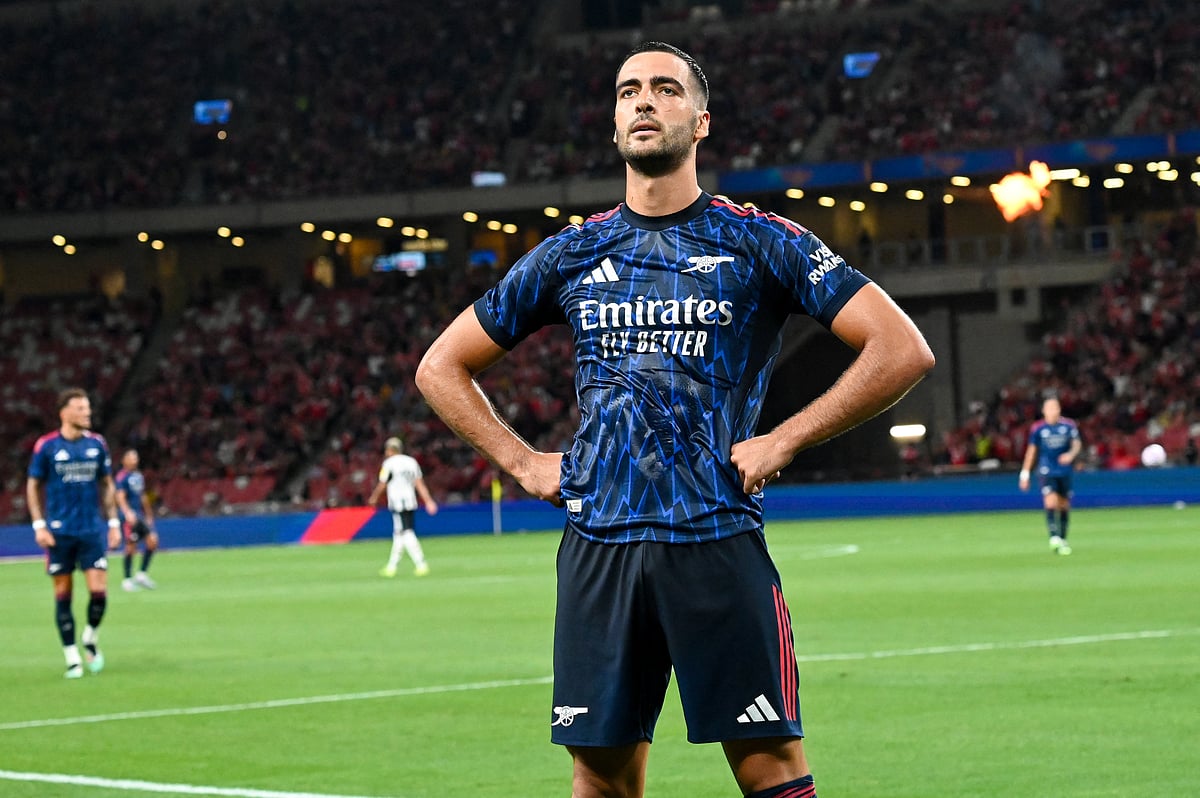 Arsenal’s Mikel Merino reacts after scoring a goal during the Singapore Festival of Football pre-season friendly match between Arsenal and Newcastle United at the National Stadium in Singapore on July 27, 2025.