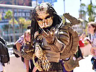 A cosplayer poses outside the convention center during Comic Con International in San Diego, California.