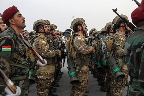 Kurdish Permerga fighters join a parade Erbil, Iraqi Kurdistan. A drone attack wounded six French soldiers in Erbil in Iraq's autonomous Kurdistan region, the French military said on Thursday (March 12, 2026).