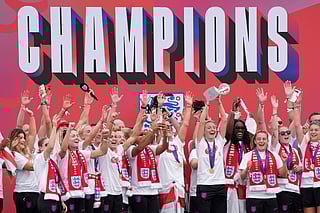 England players celebrate during a Homecoming Victory Parade in London, Tuesday July 29, 2025, two days after England defended their European Championship crown as they beat Spain on penalties in the final of Euro 2025