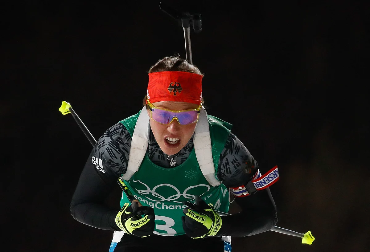 Germany's Laura Dahlmeier competes in the mixed relay biathlon event during the Pyeongchang 2018 Winter Olympic Games on February 20, 2018, in Pyeongchang.
