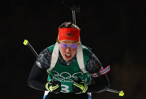 Germany's Laura Dahlmeier competes in the mixed relay biathlon event during the Pyeongchang 2018 Winter Olympic Games on February 20, 2018, in Pyeongchang.