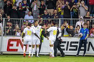 Saudi Pro League football club Al Nassr's Cristiano Ronaldo celebrates with  teammates after scoring against FC Toulouse during a friendly in Groedig, Austria.