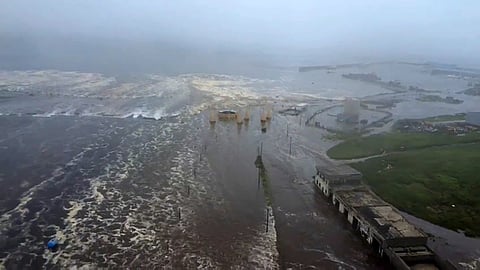 This video grab from a drone handout footage released by Geophysical Service of the Russian Academy of Sciences on July 30, 2025, shows the tsunami-hit Severo-Kurilsk on Paramushir island of Russia's northern Kuril islands.