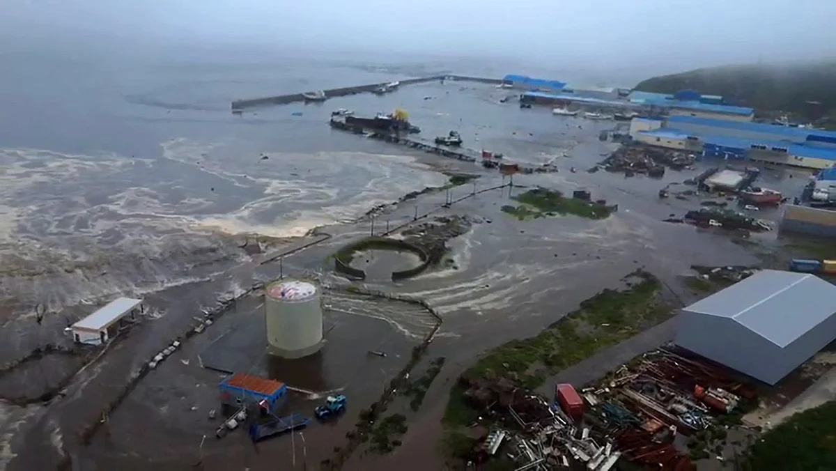 This video grab from a drone handout footage released by Geophysical Service of the Russian Academy of Sciences on July 30, 2025, shows tsunami-hit Severo-Kurilsk on Paramushir island of Russia's northern Kuril islands.