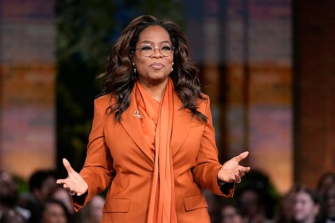 FILE - Oprah Winfrey speaks, Sept. 19, 2024, in Farmington Hills, Mich. (AP Photo/Paul Sancya, File)