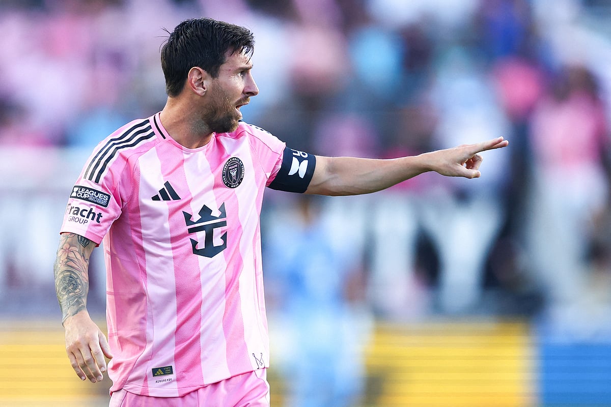 Lionel Messi of Inter Miami reacts during the Leagues Cup Phase One match against Atlas FC at Chase Stadium in Fort Lauderdale, Florida, on Wednesday.