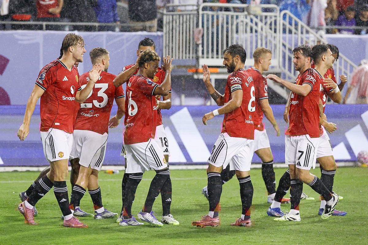 Manchester United's Amad Diallo (centre) celebrates after scoring his team's second goal against AFC Bournemouth at Soldier Field in Chicago, Illinois on Wednesday.