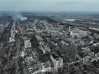 This aerial handout photograph posted on the official Facebook account of the Donbas Special Forces Battalion of the 18th Brigade of the National Guard of Ukraine on January 29, 2025 shows heavily damaged buildings in Chasiv Yar, Donetsk region amid the Russian invasion of Ukraine.