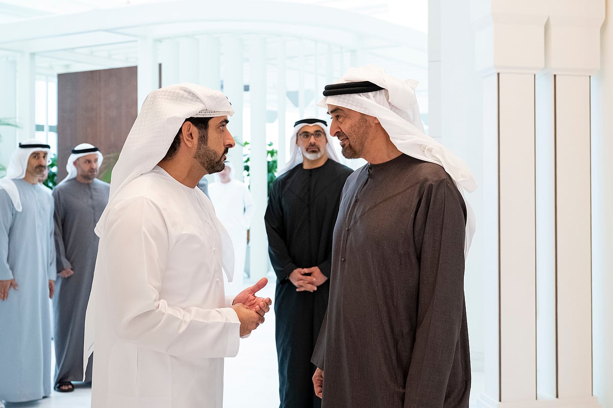 Sheikh Mohamed speaks with Sheikh Hamdan after their meeting at Al Shati Palace.