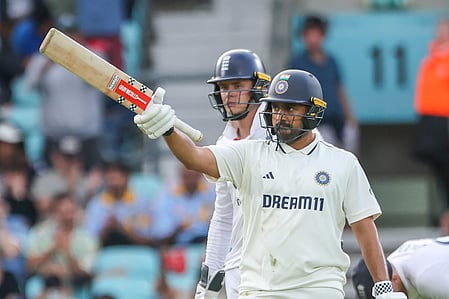 India's Karun Nair celebrates his half century during the first day of the fifth cricket Test against England and India at The Kia Oval in London, Thursday, July 31, 2025.