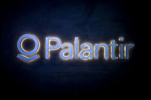 The logo of the US big data analytics software company Palantir Technologies during the World Economic Forum (WEF) annual meeting in Davos, on January 23, 2025.
