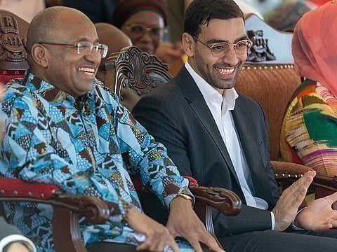 Dr Hussein Ali Mwinyi (left), President of Zanzibar, is seen with Samuel Saba, Chairman of Infinity Group and Infinity Developments, at the inauguration of the Stone Town Painting Initiative sponsored by Infinity Foundation
