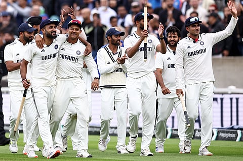 Indian players, led by skipper Shubman Gill (right), go on a victory lap after winning the fifth and final Test against England at the Oval on Monday.