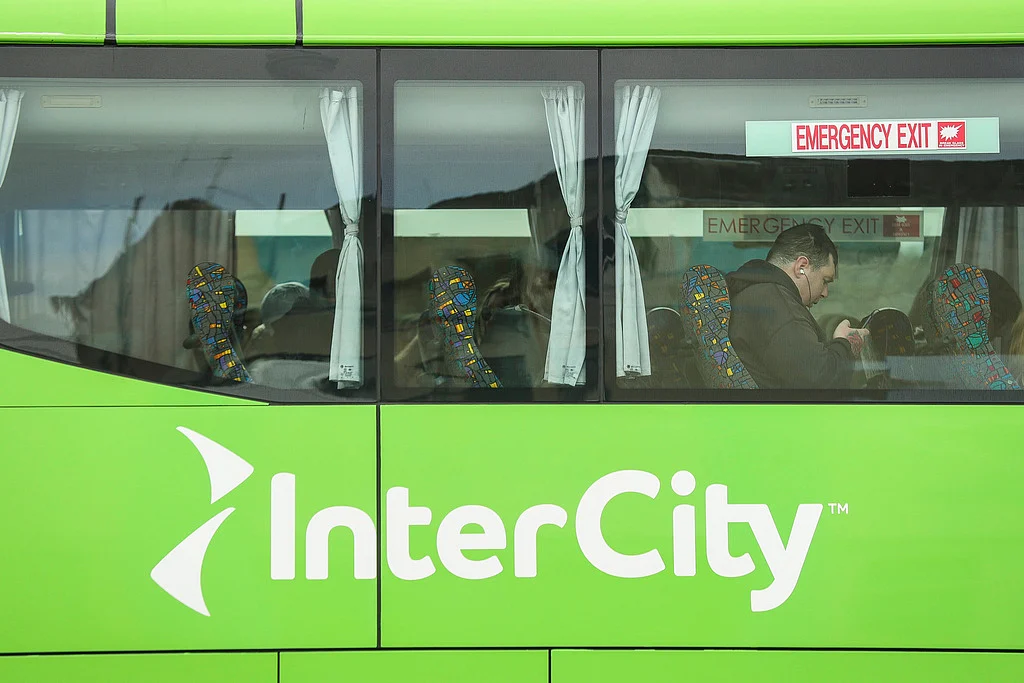 An Intercity bus prepares to depart from Timaru, New Zealand on Oct. 14, 2022. 