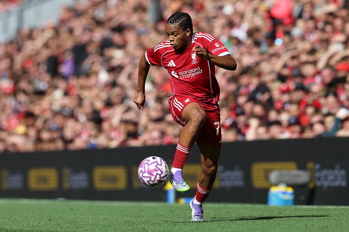 Liverpool's English strikerRio Ngumoha controls the ball during the first of two pre season friendly football matches against Athletic Bilbao at Anfield in Liverpool, north west England on August 4, 2025.