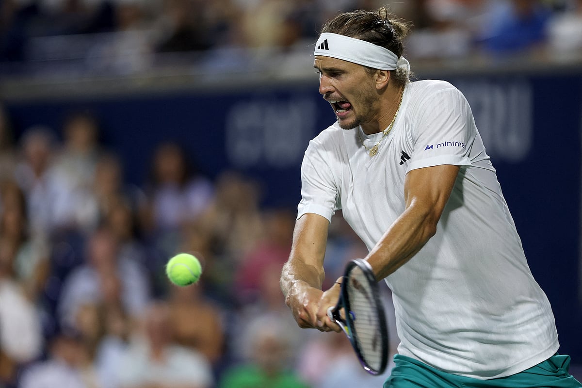 Alexander Zverev of Germany returns a shot to Alexei Popyrin of Australia during the National Bank Open Presented by Rogers at Sobeys Stadium on August 04, 2025 in Toronto, Ontario.