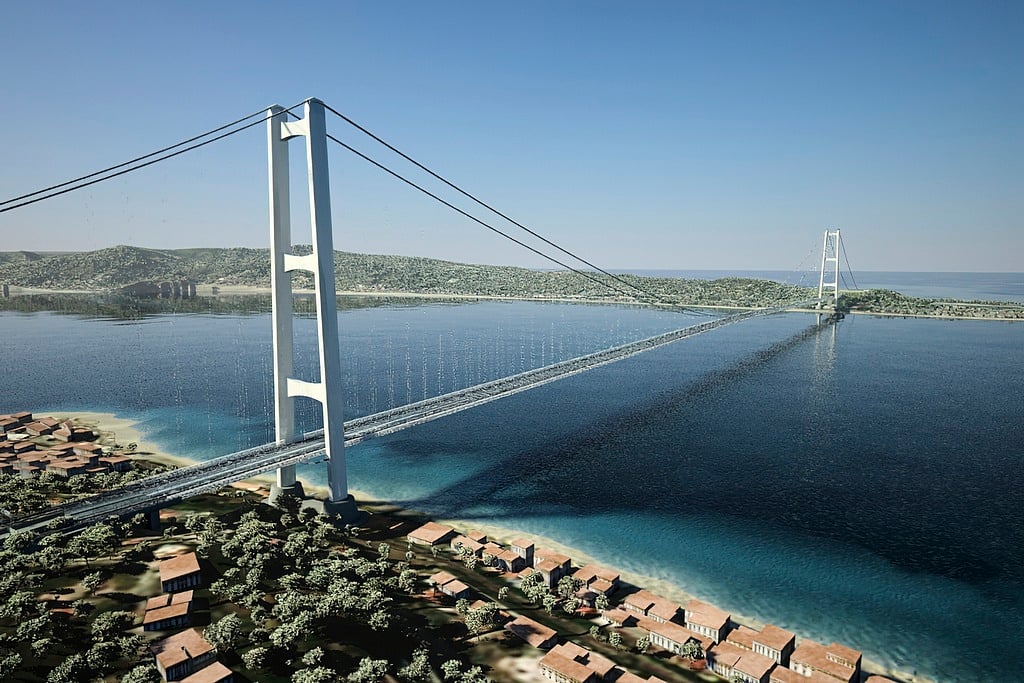 This digital rendering shows a bridge linking the Italian mainland with Sicily, a long-delayed 13.5 billion euro project, that an interministerial committee has approved, the Italian Transport Ministry said in a statement, Tuesday, August 6, 2025. 