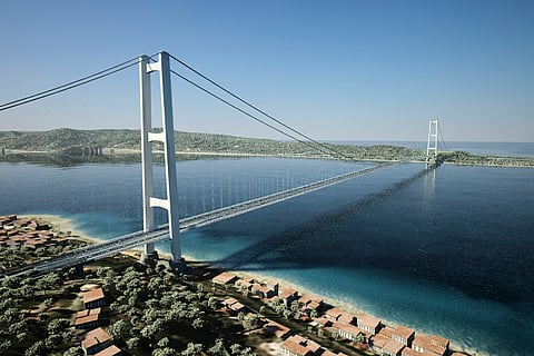 This digital rendering shows a bridge linking the Italian mainland with Sicily, a long-delayed 13.5 billion euro project, that an interministerial committee has approved, the Italian Transport Ministry said in a statement, Tuesday, August 6, 2025. 