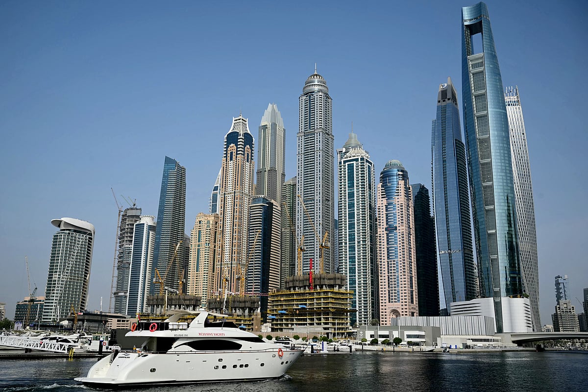 A yacht is pictured at the Dubai Marina in Dubai August 6, 2025.