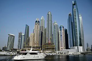 A yacht is pictured at the Dubai Marina in Dubai August 6, 2025.