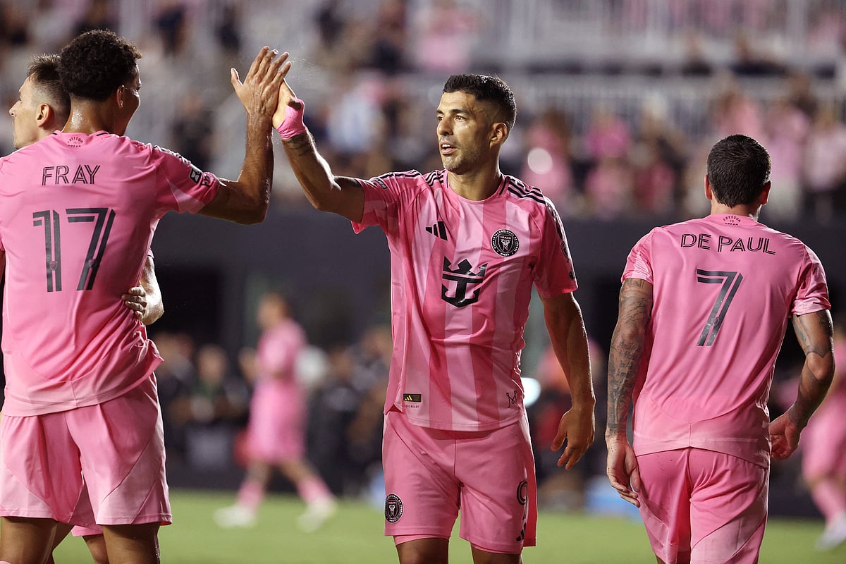 Ian Fray, Luis Suarez (middle), and Rodrigo De Paul of Inter Miami CF celebrate during the Leagues Cup Phase One match against Pumas de la UNAM at Chase Stadium in Fort Lauderdale, Florida, on August 6, 2025.
