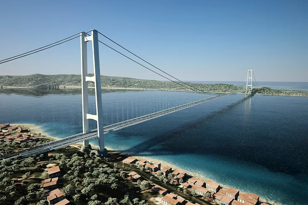 This digital rendering shows a bridge linking the Italian mainland with Sicily, a long-delayed 13.5 billion euro ($15.5 billion) project, that an interministerial committee with oversight of strategic public investments has approved, the Italian Transport Ministry said in a statement, Tuesday, Aug. 6, 2025.