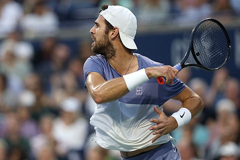 Karen Khachanov returns a shot to Alexander Zverev of Germany during the semifinals of the National Bank Open Presented by Rogers at Sobeys Stadium on August 06, 2025 in Toronto, Ontario.