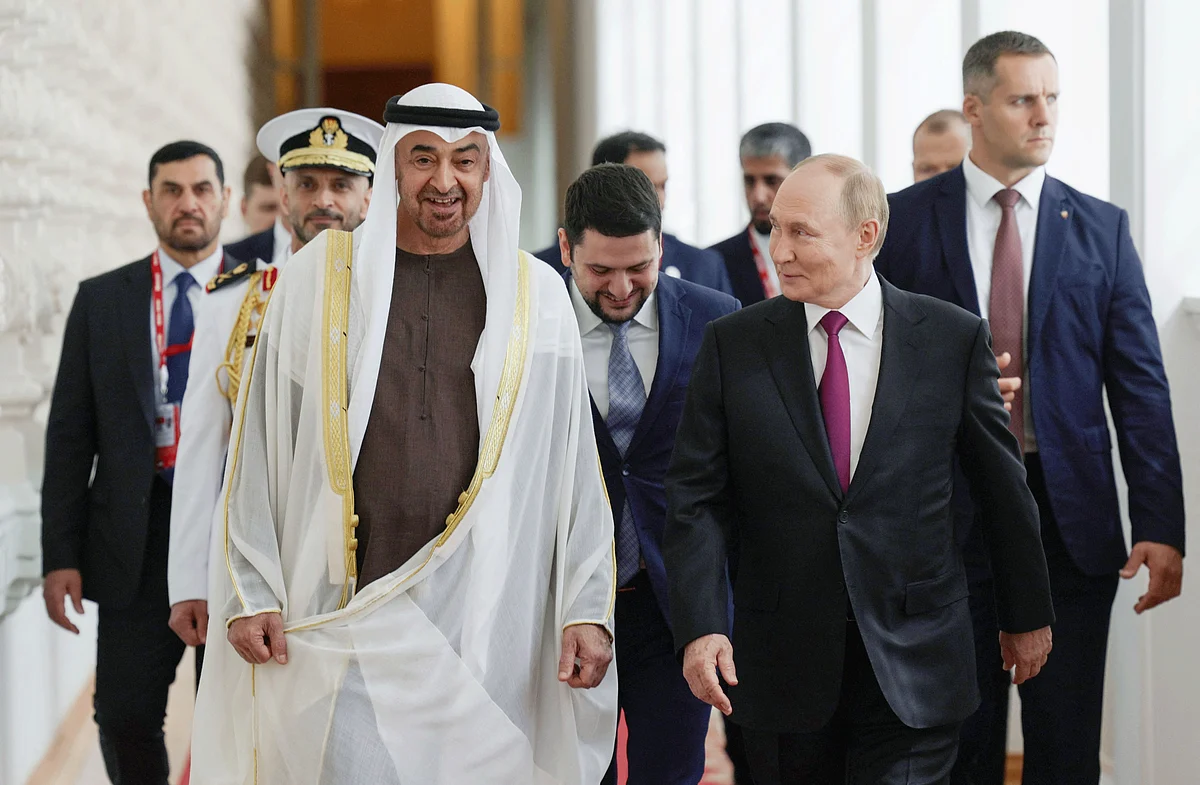 Sheikh Mohamed with Putin following his talks at the Kremlin on August 7, 2025.