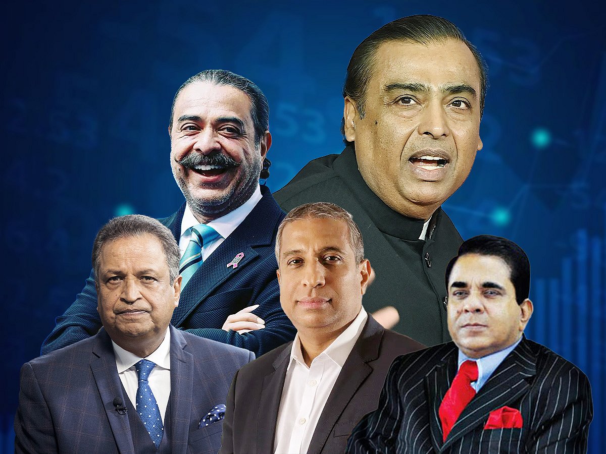 South Asia’s billionaire titans: Mukesh Ambani, Shahid Khan, Mossa Bin Shamsher, Binod Chaudhary, and Ishara Nanayakkara — leaders of wealth across five nations.